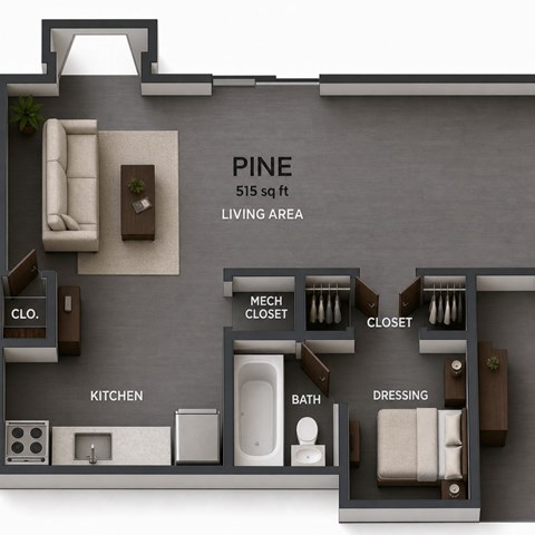 Floor plan for studio, 1 bath, 515 sqft